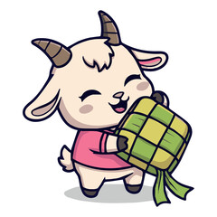 Cute cartoon goat character happily holding a traditional diamond-shaped rice cake