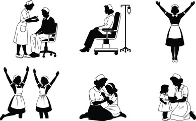Silhouettes of nurses interacting with patients and children in medical settings, showing care, support, and healthcare teamwork in vector style