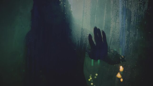 fantasy vampire, woman ghost dark silhouette through wet glass with water drops flow dawn black night. close up body part mermaid hands touching glass. horror creepy gothic girl witch, fairy evil elf