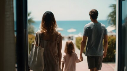 Family with a child walking hand in hand towards the bright blue sea and beach on a sunny day at a luxurious resort
