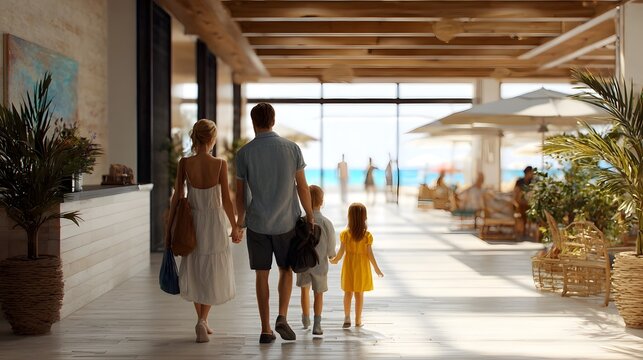 A happy family parents and two children walk hand in hand through a bright resort lobby towards a sun drenched beach ready for their vacation - Powered by Adobe