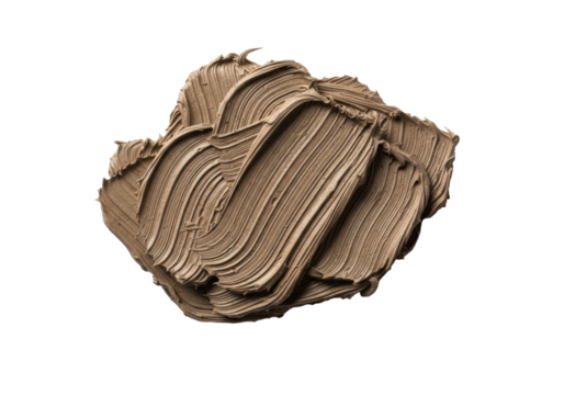 Abstract sculptural form of thickly applied muted earthy brown acrylic paint with coarse texture & distinct ridges, isolated on white with studio light. Concept of rugged materiality