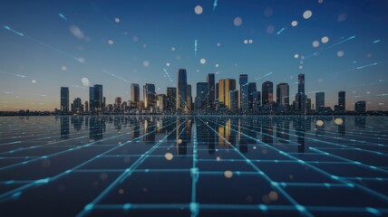 Futuristic city skyline with digital network grid, representing technological advancement, global connectivity, and smart urban infrastructure