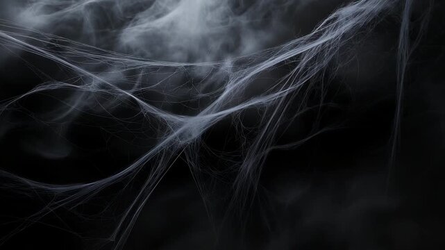 Intricate web patterns in black and white with fog creating eerie Halloween atmospere against dark background