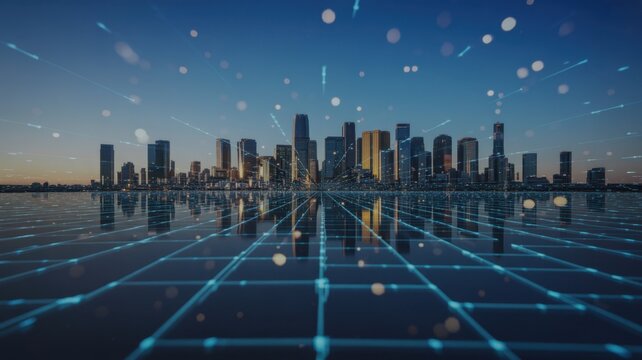 Futuristic city skyline with digital network grid, representing technological advancement, global connectivity, and smart urban infrastructure - Powered by Adobe