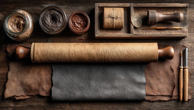 Artisan leatherworking supplies arranged on a dark wooden table. 