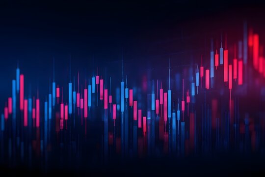 Stylized stock market graph on a blue background with a glowing candlestick chart and an upward trend line for a financial or business concept design. 
