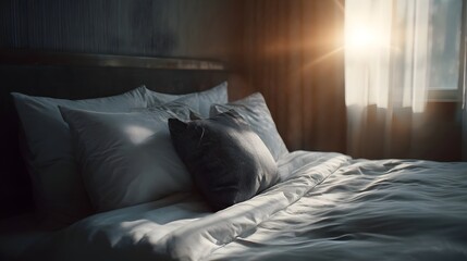 Cozy hotel room bed bathed in warm morning sunlight streaming through the window creating a serene and inviting atmosphere for rest and relaxation
