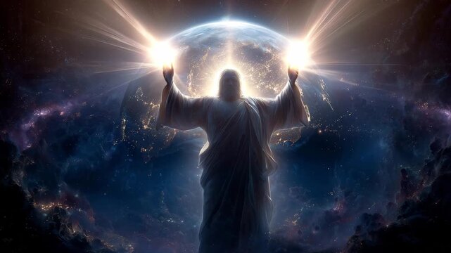 Divine figure with outstretched arms is illuminated against the backdrop of a glowing earth, embodying peace and connection at twilight
