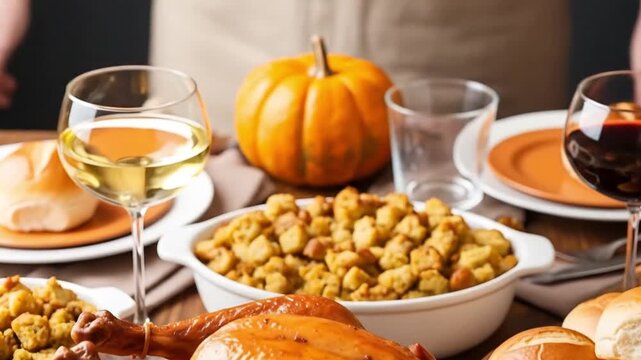 Delicious thanksgiving dinner with roasted turkey stuffing and rolls holiday feast table video 4k