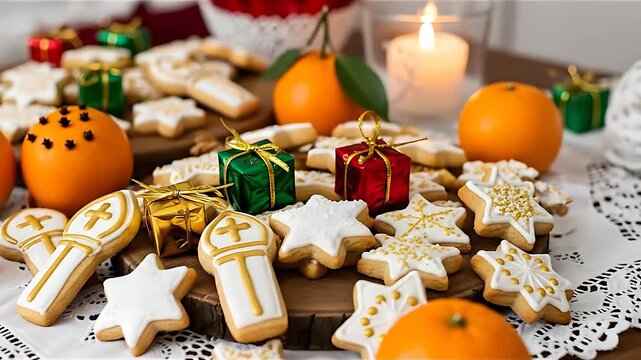 Traditional Saint Nicholas Day celebration table with decorated cookies, tangerines, and gifts