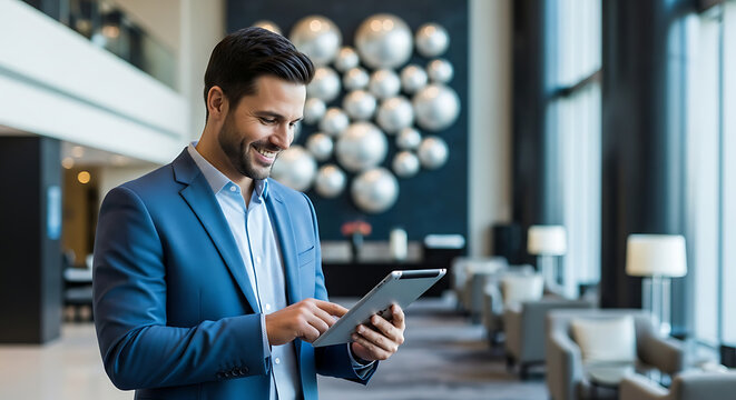 Man in blue suit using tablet in modern lobby with decorative wall and seating area smiling