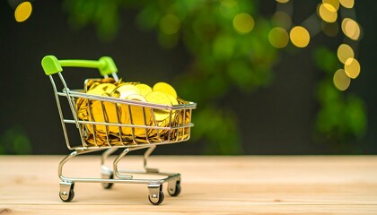 Miniature shopping cart filled with gold confetti on a wooden surface. Bokeh background of green and yellow