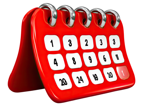 A red, three-dimensional calendar, angled, with dates