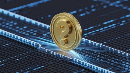 A golden coin with a question mark stands on a digital circuit board, representing the uncertainty of cryptocurrency investment