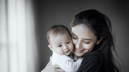 A heartwarming black and white photo of a mother tenderly embracing her baby, capturing a moment of love and bonding. Ideal for family and emotion themes.