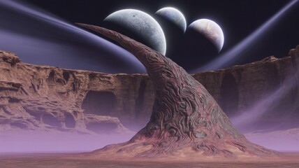 A surreal alien landscape with strange rock formations under a starry sky and multiple moons, creating a sense of wonder and otherworldly beauty © Tashik