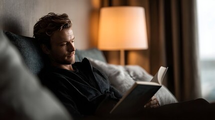 Fototapeta premium Young man in a comfortable robe enjoying a quiet moment reading a book on a sofa in a warmly lit room creating a peaceful scene