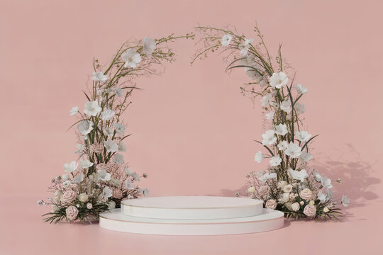 White podium with delicate white and pink floral arch on pink background stage platform - Powered by Adobe