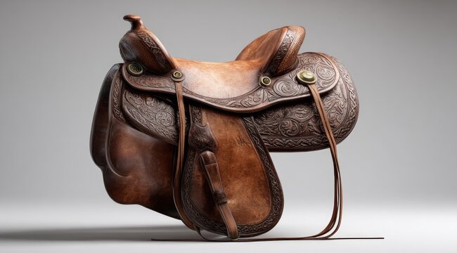 Detailed 3D model of a vintage leather western saddle.  Ornate carvings and stitching adorn the rich brown leather.  Solid, classic style