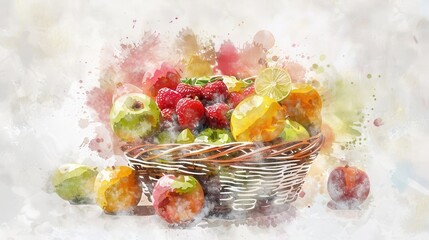Colorful fruit basket filled with apples, oranges, and grapes on