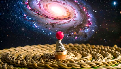 Miniature figure gazing at a spiral galaxy
