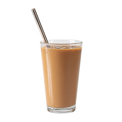 Iced coffee in a glass with a metal straw