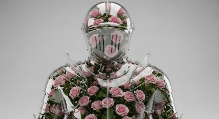 A shiny suit of armor is adorned with lush pink roses, creating a surreal floral portrait.