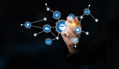A hand interacts with digital icons depicting business collaboration on a dark background, showcasing concepts of networking, partnership, and innovation. Tessel