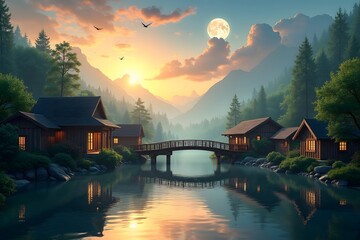 Fototapeta premium Moonlit Wooden House in a Magical Flower Garden – Dreamy Night Nature Scenery