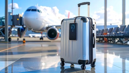 Silver luggage with a smart device attached, ready for air travel at an airport terminal