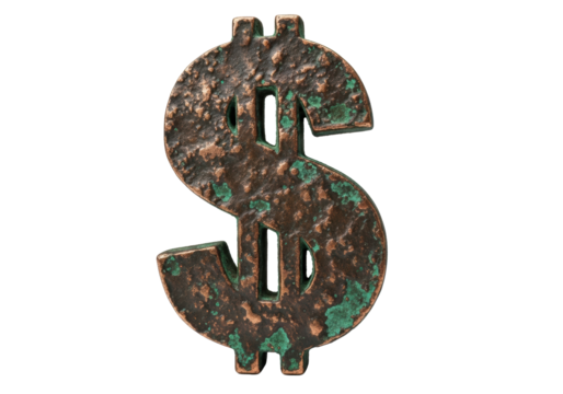 Heavy, hand-forged copper dollar sign with deep textures, dark aged patina, and vibrant green verdigris, isolated on transparent with soft studio light, concept of financial burden