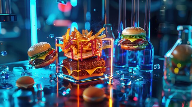 Virtual display showcases colorful burgers and snacks in a futur