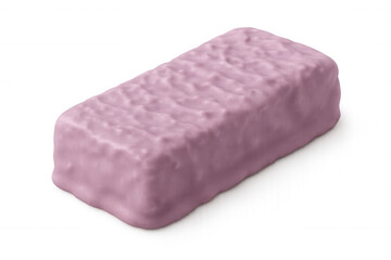 Protein bar with pink glaze, displaying textured surface, positioned against transparent backdrop, emphasizing sweet, appetizing quality