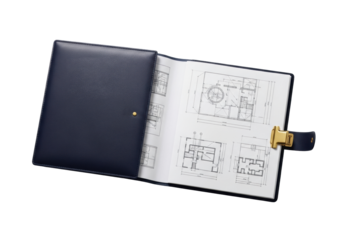 Partially open deep indigo leather portfolio, revealing off-white vellum paper with intricate architectural diagrams, gleaming brass clip, on transparent background with copy space, concept of