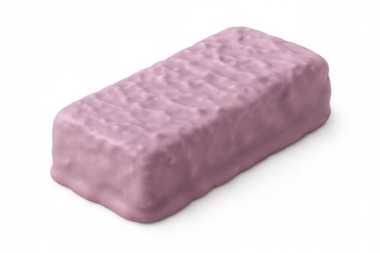 Protein bar with pink glaze, displaying textured surface, positioned against transparent backdrop, emphasizing sweet, appetizing quality