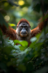 Fototapeta premium Intimate portrait of a thoughtful orangutan in nature high-resolution photo