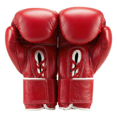 Pair of bright red boxing gloves, showing lacing and wrist wraps, presented against a black background