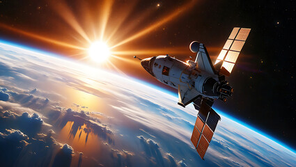 Obraz premium A spacecraft with solar panels illuminated by the rising sun, orbiting earth with a dramatic lens flare effect