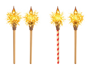 Two pairs of stylized torches with glowing firework effects. The torches are depicted with wooden or brown handles, and the flames are comprised of radiant, sparkling firework patterns.