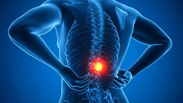 Herniated Disc Back Pain Illustration - A 3D medical illustration shows a human anatomy with a glowing red and yellow spot indicating a herniated disc in the lower back.