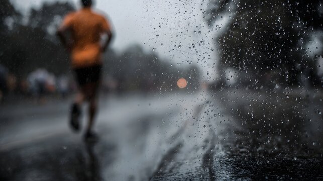 A lone runner pushes through a rain soaked street during a marathon showcasing endurance and determination amidst challenging weather conditions