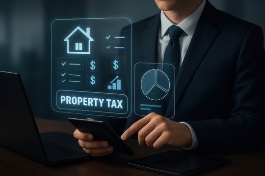 Businessman using phone to manage property tax with digital interface overlay