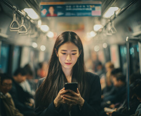 young woman in her mid 20s with long straight black hair is focused on her smartphone while riding subway train. atmosphere is busy, with other passengers in background