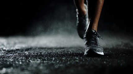 A close up of a runner s athletic shoes splashing through water on a wet asphalt surface in a dark dynamic environment