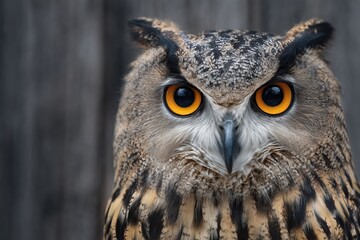 Fototapeta premium majestic owl with intense orange eyes against wooden background