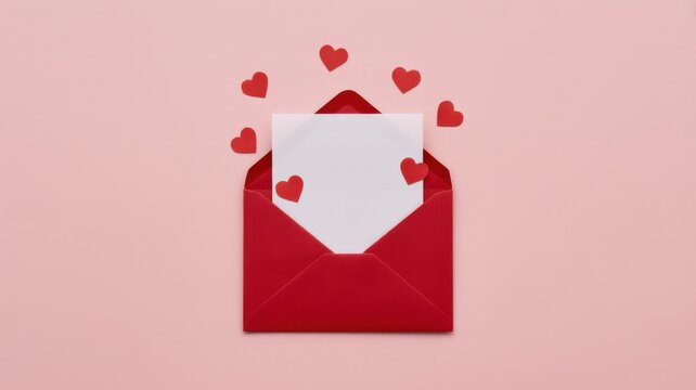 A red envelope with a blank white card and floating hearts, perfect for valentines day or a love letter on a pink background