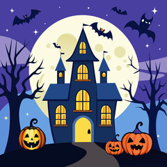 Fototapeta premium Spooky haunted mansion with pumpkins and bats under a full moon halloween vector illustration