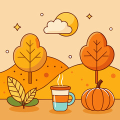 Autumn season flat vector illustration cozy scene with falling leaves pumpkin and warm drink