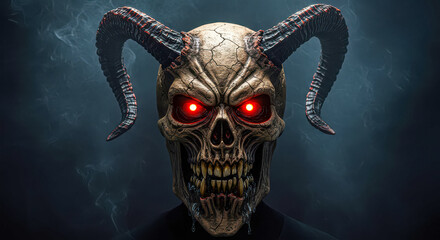 Closeup of a demonic skull mask with glowing red eyes and dark horns